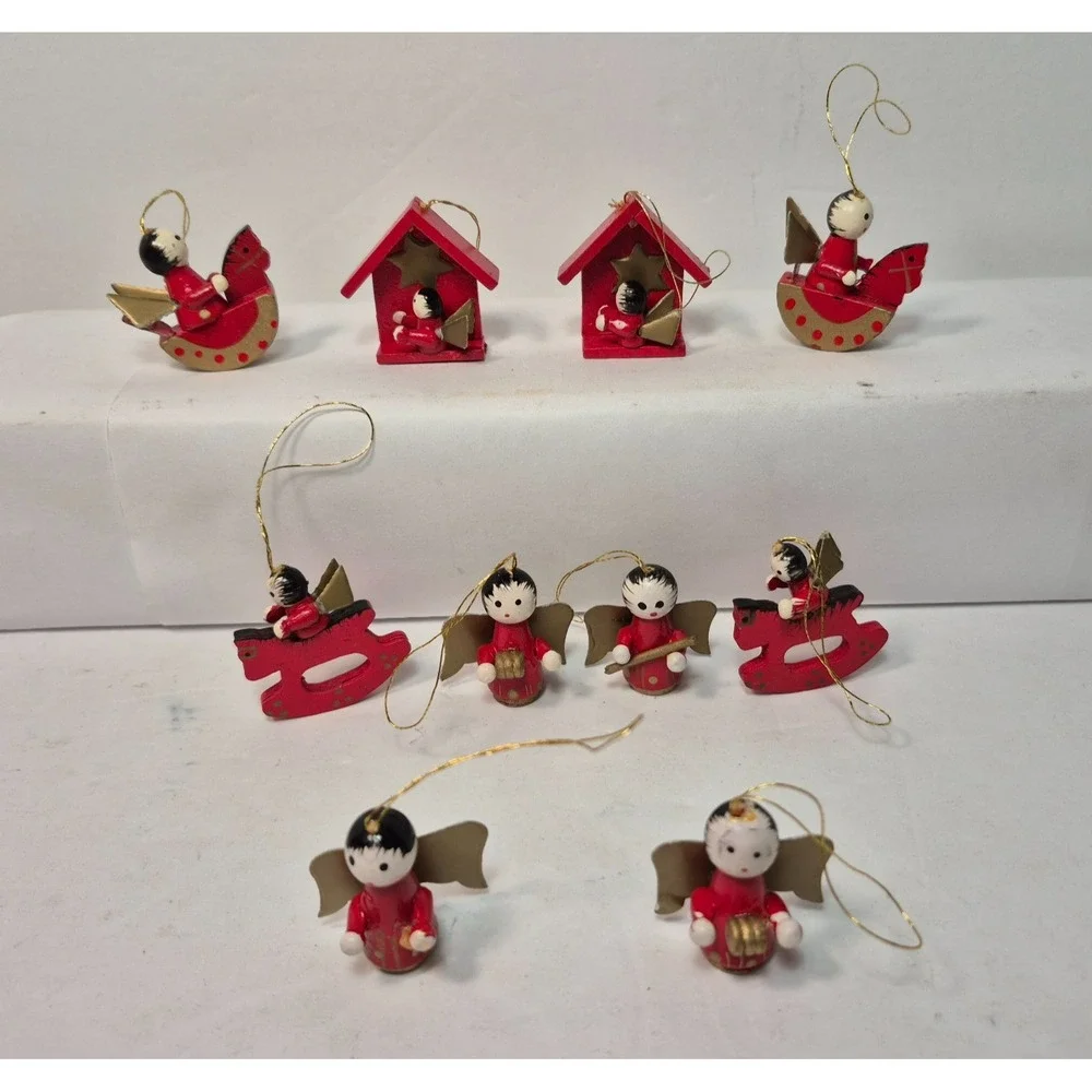 Vintage Miniature Angel Ornaments Lot Of 10 Mini Wooden Red Gold Christmas